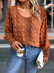 SHEIN Clasi Plus Swiss Dot Guipure Lace Insert Lantern Sleeve Blouse - Brown - View 5