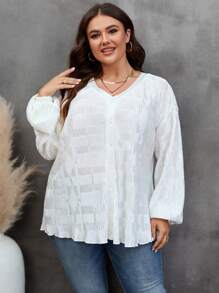 SHEIN LUNE Plus Lantern Sleeve Button Front Blouse - White - View 5