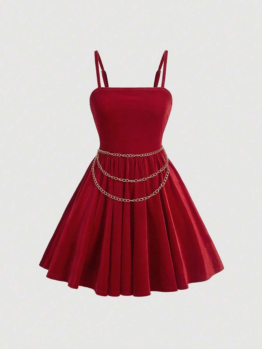 SHEIN MOD Elegant Solid Chain Detail Cami Dress - Red - View 1