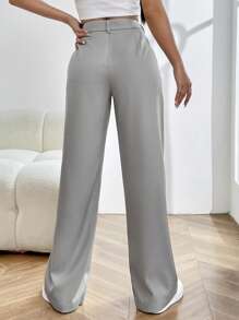 SHEIN EZwear 純色高腰褶皺細節西裝褲 - 灰色 - 查看 2