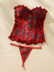 SHEIN Tartan Grommet Lace Up Front Corset Top With Thong - Red - View 3