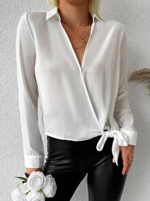 EURMUSE Solid Wrap Knot Side Shirt - trắng - Xem 1