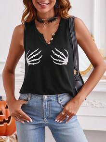 SHEIN LUNE 骷髏手掌圖案缺口領背心上衣 - 黑色 - 查看 4