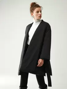 Anewsta Solid Drop Shoulder Belted Padded Coat - Black - View 5