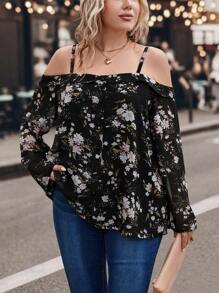 SHEIN LUNE Plus Floral Print Cold Shoulder Blouse - Multicolor - View 1