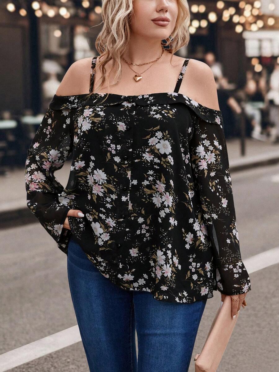 SHEIN LUNE Plus Floral Print Cold Shoulder Blouse - Multicolor - View 1