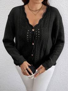 Celure 大碼貝殼邊網眼針織貝殼邊開襟衫 - 黑色 - 查看 3
