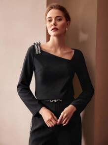 MOTF PREMIUM Nghệ Embellished Vai Nơ Áo sơ mi - màu đen - Xem 5