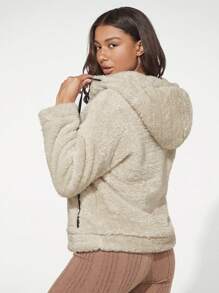 SHEIN BASICS Abrigo con capucha con cremallera unido en contraste con forro teddy - Albaricoque - Ver 2