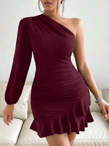 VaVaBold 单肩褶饰荷叶边下摆紧身连衣裙 酒红色 女装 - 酒紅色 - 查看 1