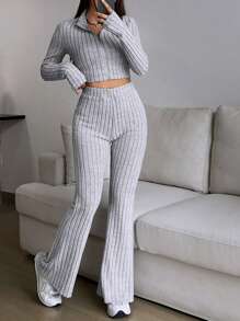 SHEIN EZwear 春季拉链罗纹针织短款 T 恤和喇叭裤两件套，女士春秋休闲罗纹针织，拉链超长袖修身灰色常规袖 T 恤裤女式两件套，休闲日常穿着 - 灰色 - 查看 1