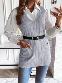 EMERY ROSE Dual Pocket Split Hem Sweater Vest Without Blouse