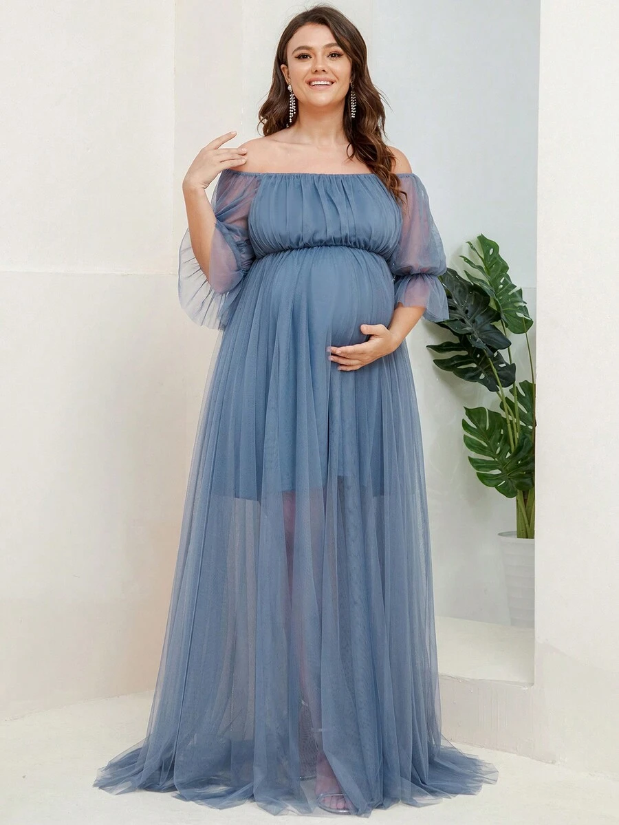 Maternity Off Shoulder Ruched Bust Mesh Elegant Dress, For Party