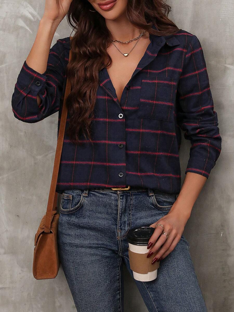 SHEIN LUNE Plaid Print Button Front Shirt - Navy Blue - View 1