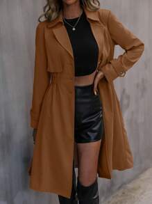 SHEIN LUNE 彈性腰帶風衣外套 - 棕色 - 查看 1