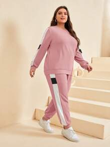 SHEIN LUNE Plus Contrast Side Seam Sweatshirt & Sweatpants - Dusty Pink - View 1