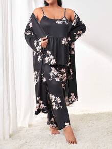 花卉印花系带睡袍、吊带背心和裤子睡衣套装/睡衣套装，秋冬服装