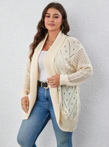 SHEIN Unity 大码镂空针织落肩开衫 - 杏色 - 查看 3