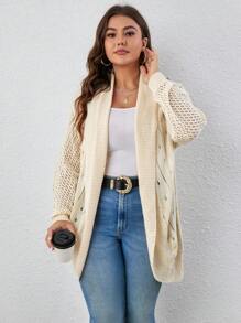 SHEIN Unity 大码镂空针织落肩开衫 - 杏色 - 查看 6