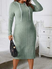 SHEIN Essnce 加大码罗纹针织抽绳卫衣连衣裙 - 薄荷綠 - 查看 3