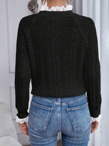 Chiquease Suéter de punto con manga raglán y encaje en contraste para otoño e invierno - Negro - Ver 2