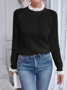 Chiquease Suéter de punto con manga raglán y encaje en contraste para otoño e invierno - Negro - Ver 4