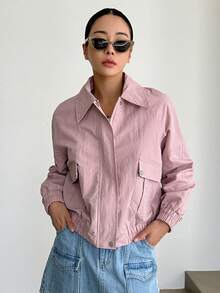 DAZY Flap Pocket Drop Shoulder Zip Up Jacket - Pink - View 2