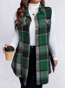 Plus Plaid Print Flap Detail Vest Coat, For Winter - Multicolor - View 1