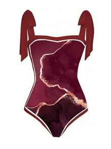 Swim Oasis Summer Beach Plus Marble Print One Piece Swimsuit With Beach Skirt - Red - View 4