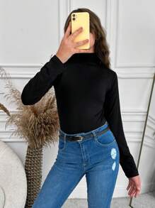 RueChic Teen Girls Mock Neck Solid Tee - Black - View 1