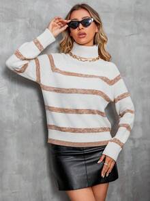 AAmilife 條紋紋高領套頭斜肩袖毛衣 - 紫紅色 - 查看 5