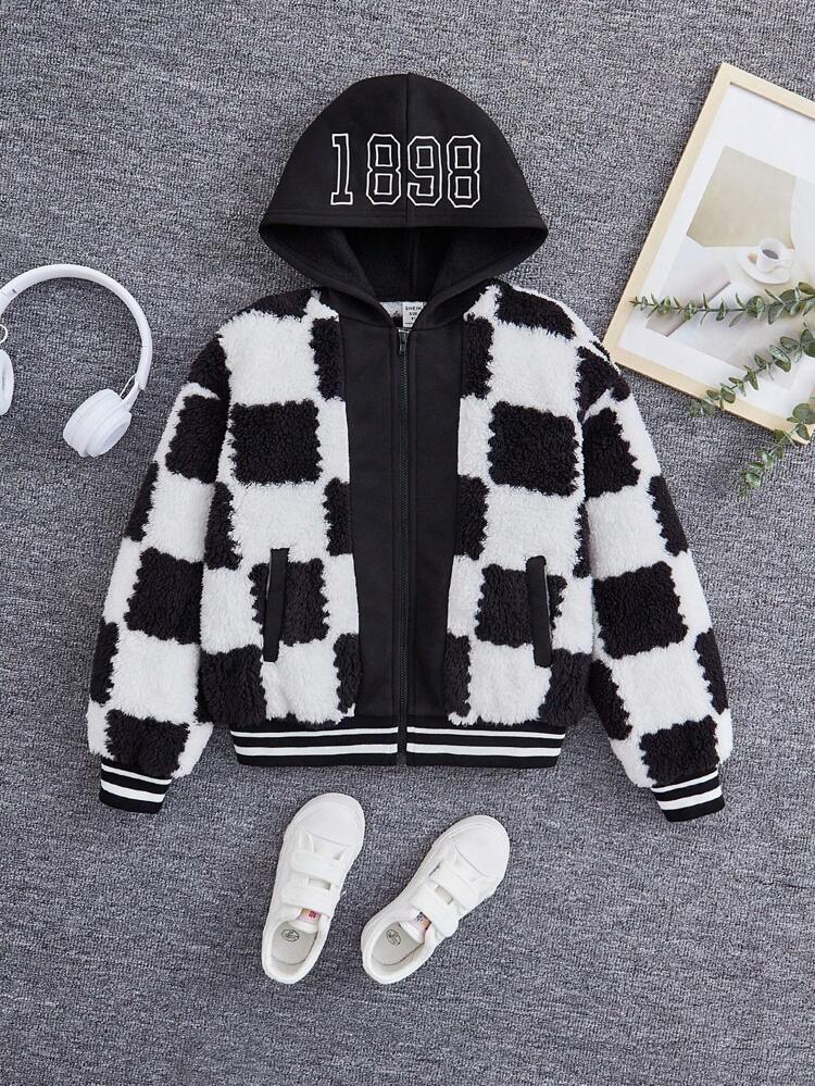 Teenager Mädchen Jacke mit Karo Muster, Streifen Kapuze, Fleece