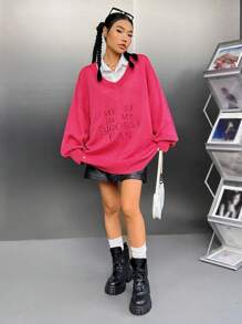 SHEIN EZwear 字母圖案落肩袖套頭毛衣不帶襯衫 - 玫紅色 - 查看 6