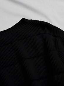 罗纹针织纯色短款毛衣，长袖上衣 - 黑色 - 查看 3
