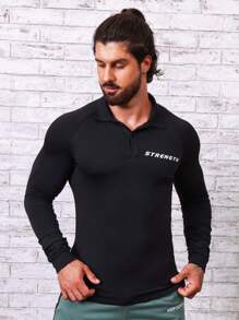 Manfinity Sport Corelite Men Letter Graphic Raglan Sleeve Polo Shirt Workout Tops Golf Shirt - Black - View 4