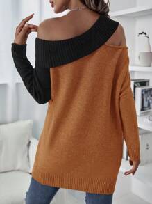 SHEIN LUNE 双色不对称领口落肩针织套头衫秋冬毛衣 - 黃色 - 查看 2