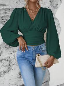 SHEIN Clasi Surplice Neck Lantern Sleeve Crop Blouse - Dark Green - View 5