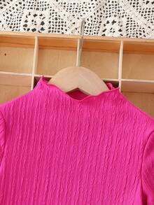 SHEIN Young Girl Mock Neck Trumpet Sleeve Tee - Hot Pink - View 4