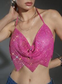 SHEIN Allurite 垂領後背繫帶水鑽繞頸短上衣 - 玫紅色 - 查看 5