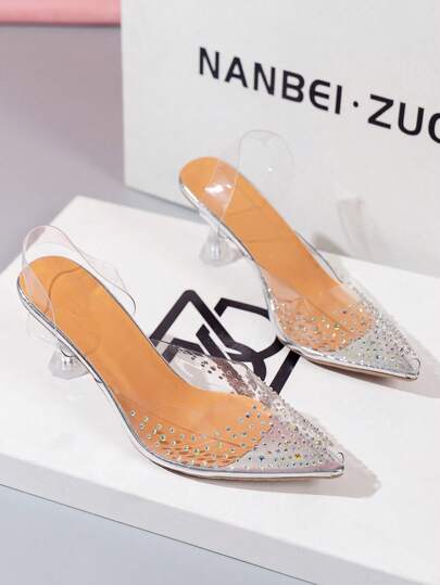 2023秋冬新款女士水钻装饰高跟鞋，水晶鞋跟透明搭扣带礼服鞋，适合婚礼、派对、舞会等场合，水钻点缀细高跟鞋，优雅时尚