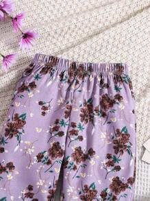 SHEIN Young Girl Floral Print Flare Leg Pants - Purple - View 4