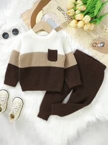 SHEIN 男嬰撞色口袋貼布套頭毛衣和針織褲 - 咖啡棕 - 查看 1