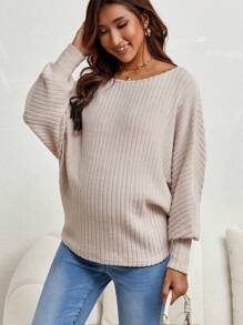 SHEIN 孕婦蝙蝠翼袖羅紋針織T恤 - 卡其色 - 查看 3