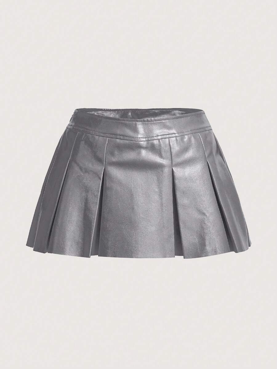 SHEIN ICON Solid PU Leather Pleated Skirt - Grey - View 1