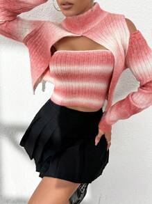 Chiquease Ombre Striped Pattern Cut Out Mock Neck Knit Pullover Fall Winter Sweater - Pink - View 3
