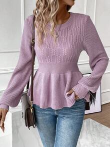 Chiquease Solid Peplum Hem Cable Knit Lantern Sleeve Sweater - Dusty Purple - View 3