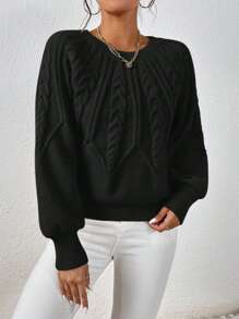 EMERY ROSE Cable Knit Raglan Lantern Sleeve Sweater,Long Sleeve Tops Knit Pullover Fall Winter Sweater - Black - View 4