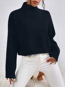 EMERY ROSE High Neck Drop Shoulder Sweater,Long Sleeve Tops Knit Pullover Fall Winter Outfit - Black - View 4