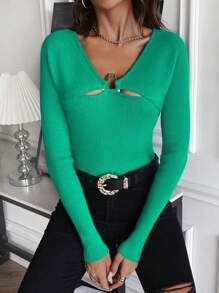 Chiquease 前开襟罗纹针织套头衫秋冬毛衣 - 綠色 - 查看 1