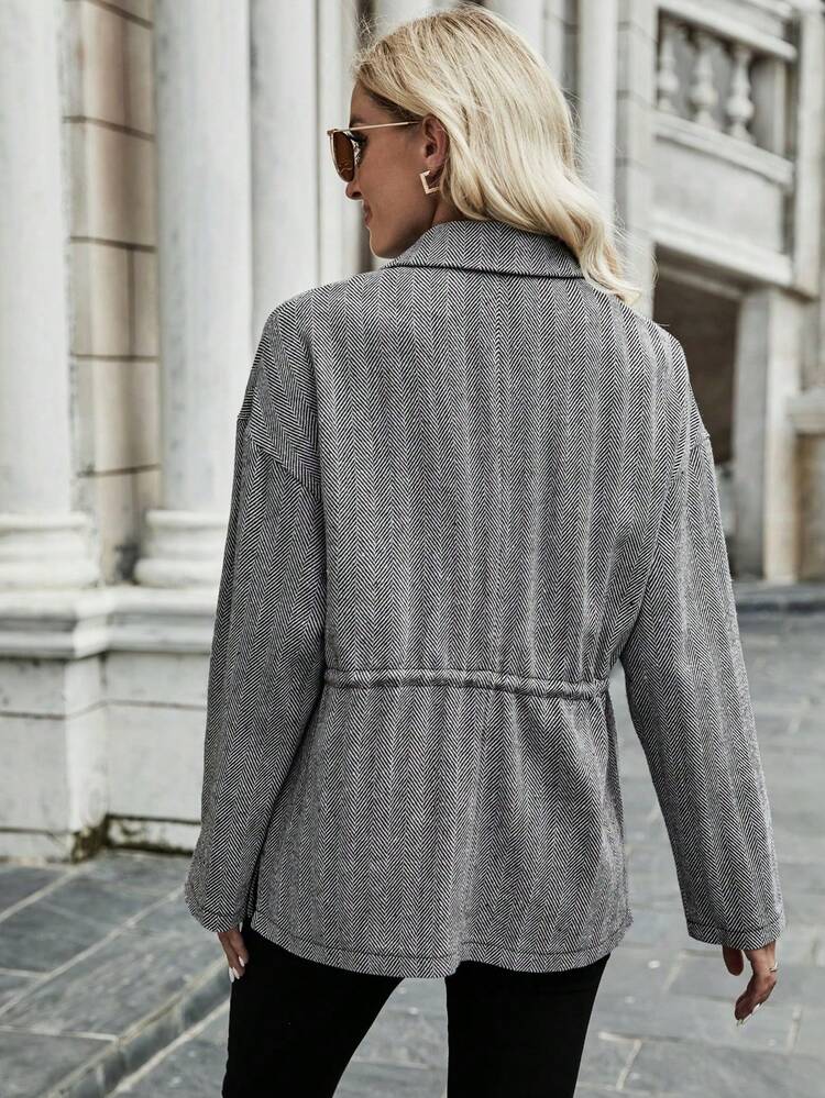 Lapel Neck Drawstring Waist Dual Pocket Drop Shoulder Coat Fall Cloth For Women